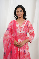 Strawberry Pink  & White Cotton Tropical Print Kurta Set