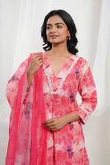 Strawberry Pink  & White Cotton Tropical Print Kurta Set