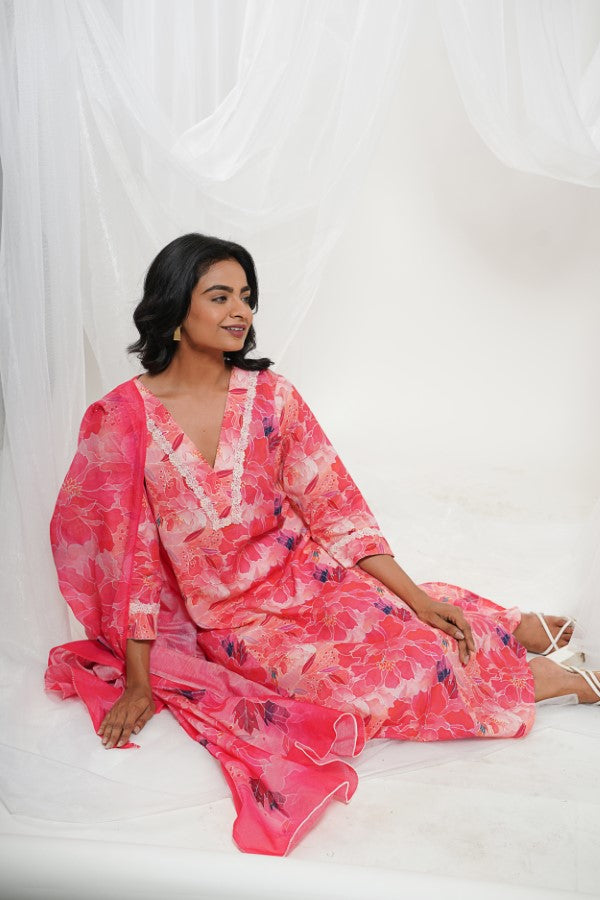 Strawberry Pink  & White Cotton Tropical Print Kurta Set