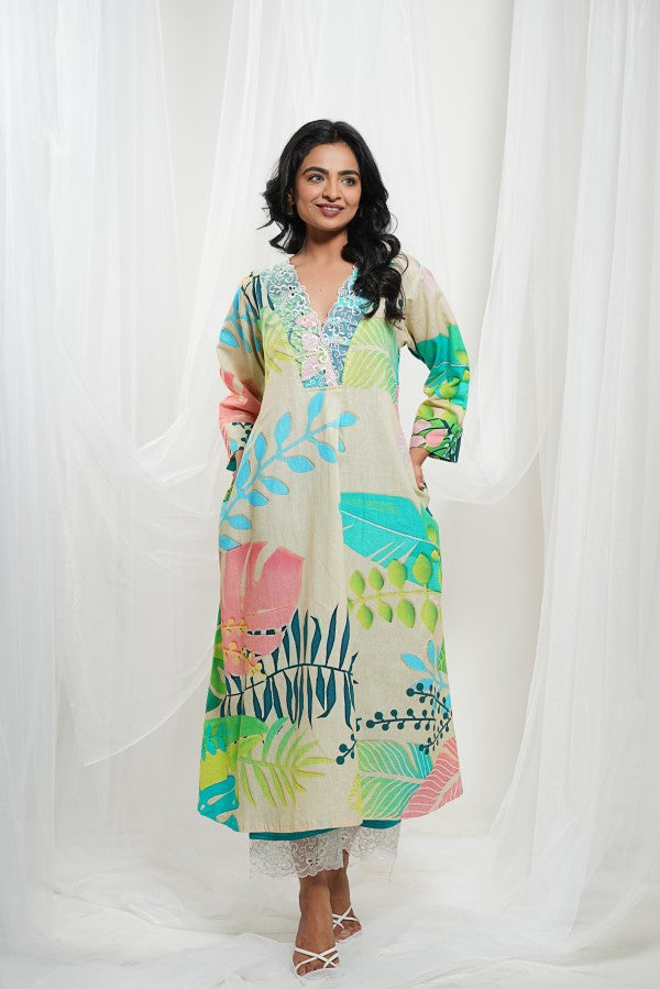 Off White Neon Cotton Tropical Print Kurta Set