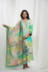 Off White Neon Cotton Tropical Print Kurta Set