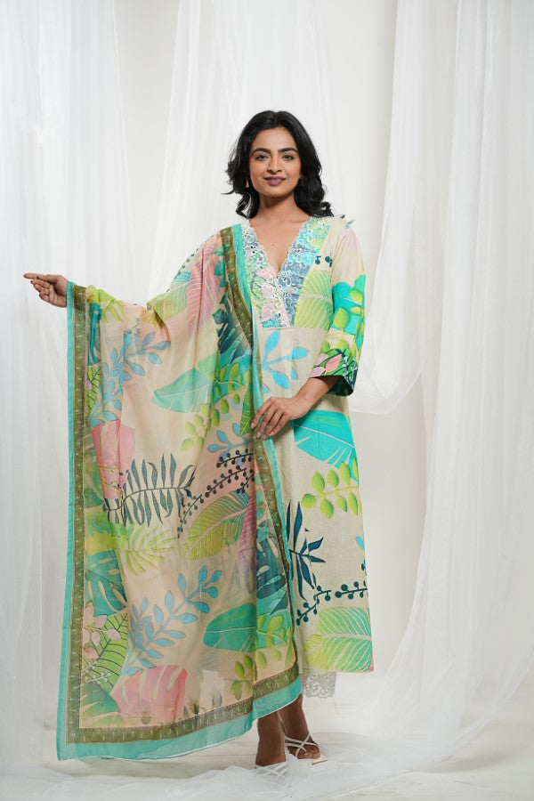 Off White Neon Cotton Tropical Print Kurta Set