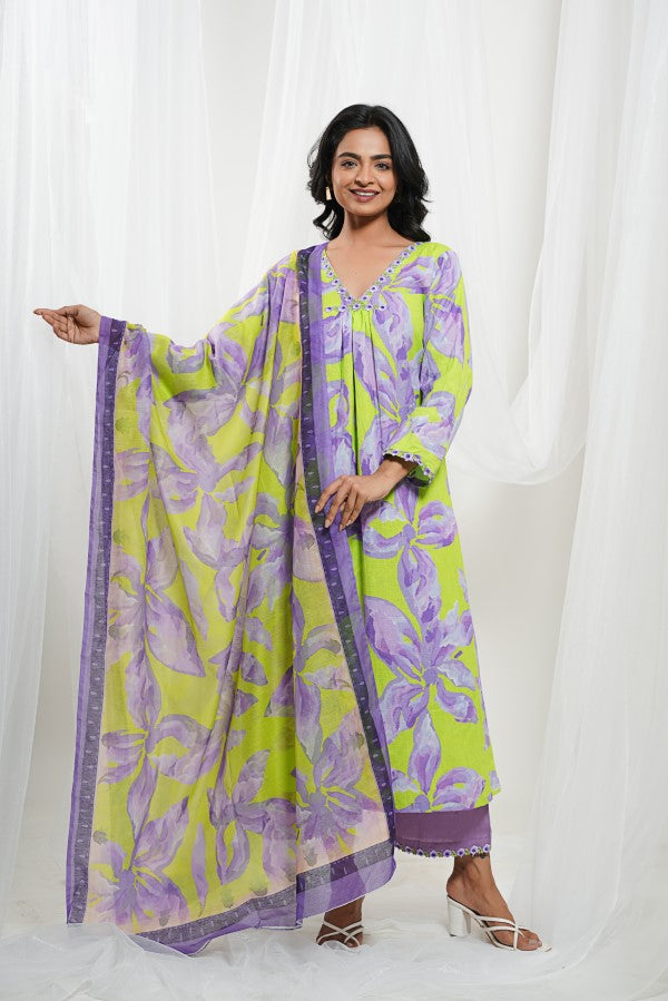 Lavender and Neon Green Cotton Floral Kurta Set