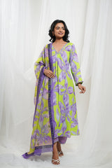 Lavender and Neon Green Cotton Floral Kurta Set