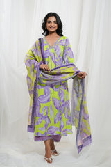 Lavender and Neon Green Cotton Floral Kurta Set