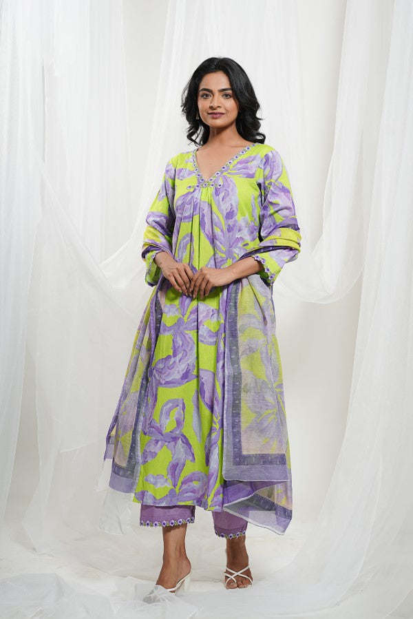 Lavender and Neon Green Cotton Floral Kurta Set