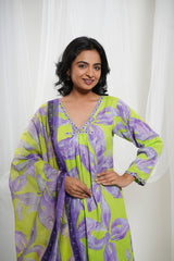 Lavender and Neon Green Cotton Floral Kurta Set