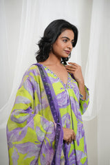 Lavender and Neon Green Cotton Floral Kurta Set