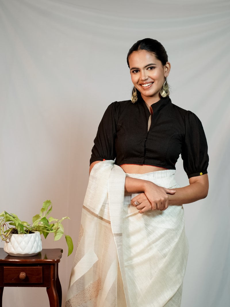 BLACK FLORAL EMBROIDERY COLLARED BLOUSE