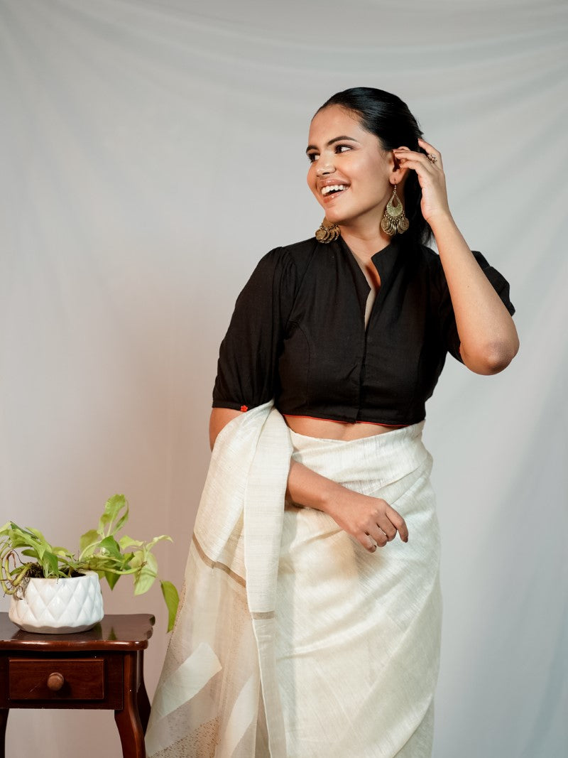 BLACK FLORAL EMBROIDERY COLLARED BLOUSE