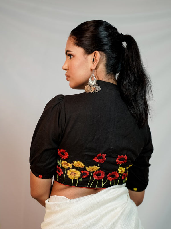BLACK FLORAL EMBROIDERY COLLARED BLOUSE