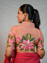 DUAL TONE ALMOND  SILK HANDPAINTED COLLARED BLOUSE