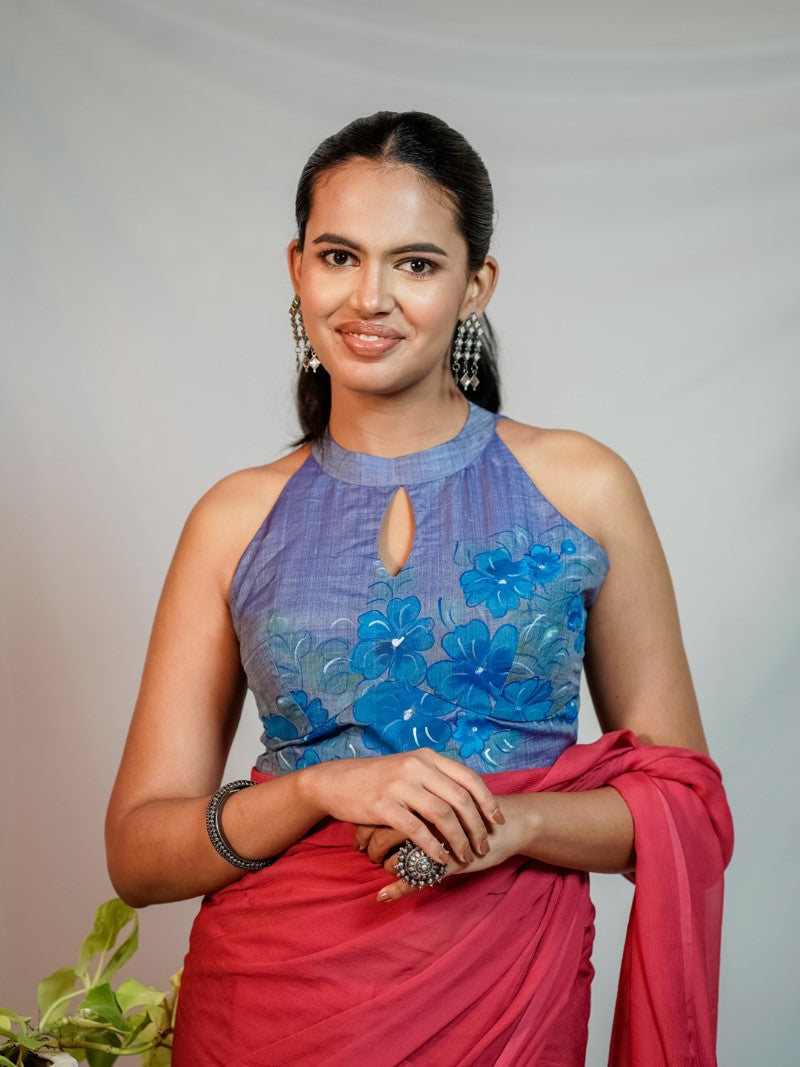 DUAL TONE BLUE SILK HANDPAINTED HALTER NECK BLOUSE