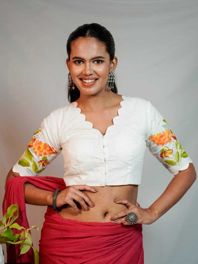 WHITE  HANDPAINTED GLAZED COTTON HANDPAINTED BLOUSE