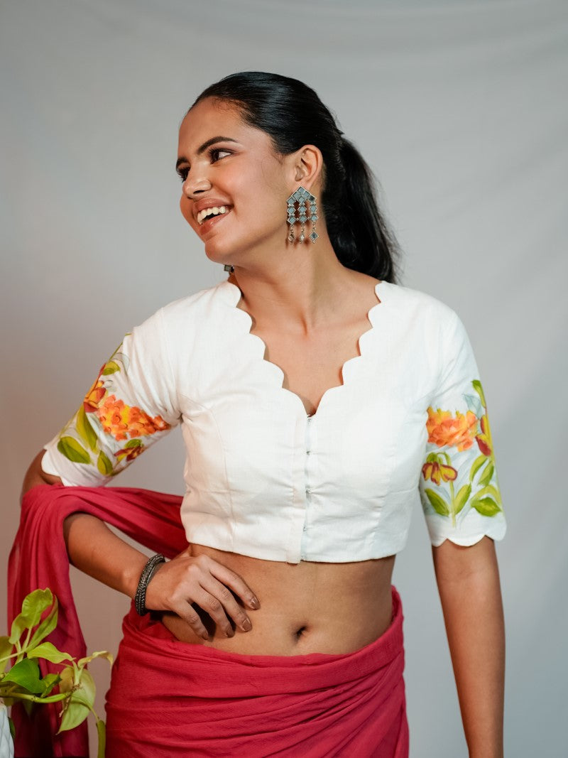 WHITE  HANDPAINTED GLAZED COTTON HANDPAINTED BLOUSE