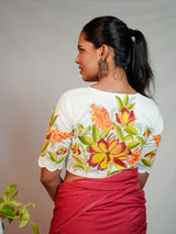 WHITE  HANDPAINTED GLAZED COTTON HANDPAINTED BLOUSE