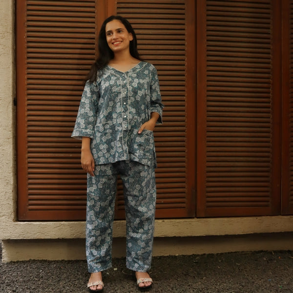 Grey Floral Block Print Cotton Jammies Set  - thesaffronsaga