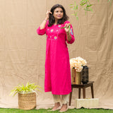 Hot Pink Embroidered Cotton Kurta  - thesaffronsaga