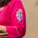 Hot Pink Embroidered Cotton Kurta  - thesaffronsaga