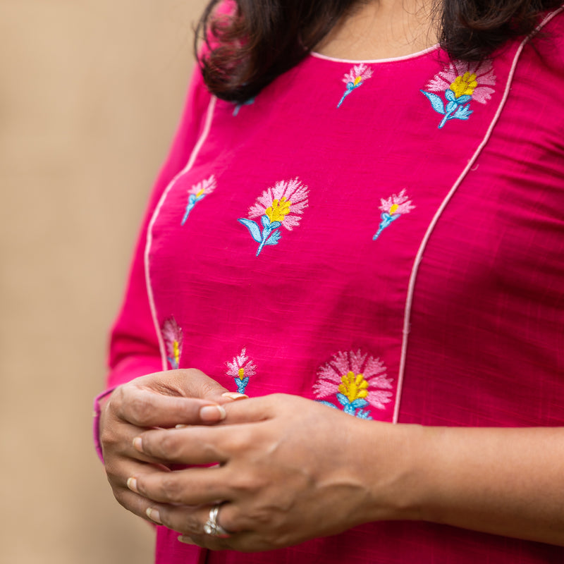 Hot Pink Embroidered Cotton Kurta  - thesaffronsaga